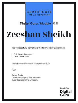 Zeeshan Sheikh - Google Digital Guru Expert Module 2 Certificate